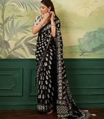 Black & White color digital print with mirror work chinon silk saree with blouse