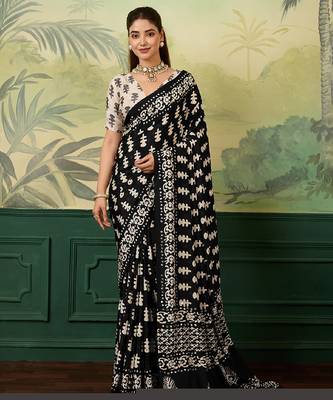 Black & White color digital print with mirror work chinon silk saree with blouse 2