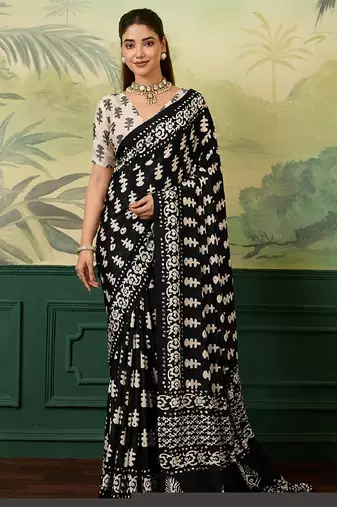 white color digital print with mirror work silk blend saree with blouse