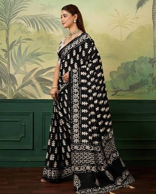 Black & White color digital print with mirror work chinon silk saree with blouse 3