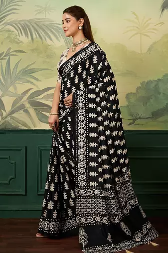 white color digital print with mirror work silk blend saree with blouse