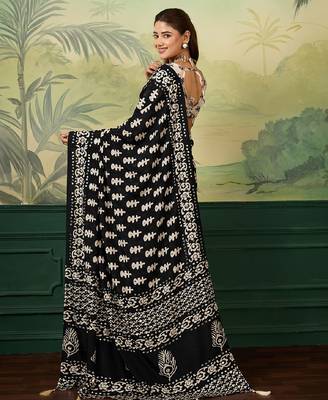 Black & White color digital print with mirror work chinon silk saree with blouse 4