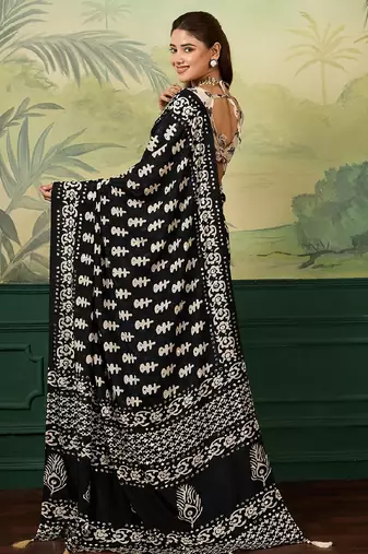 white color digital print with mirror work silk blend saree with blouse
