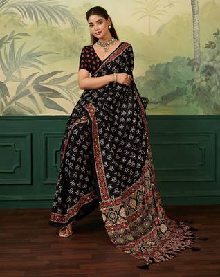 Black color digital print with mirror work chinon silk saree with blouse 1
