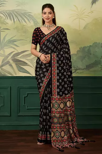 black color digital print with mirror work silk blend saree with blouse
