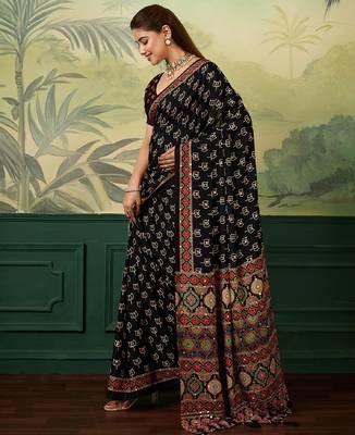 Black color digital print with mirror work chinon silk saree with blouse 3