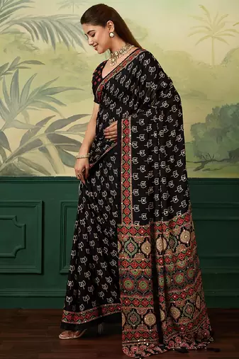 black color digital print with mirror work silk blend saree with blouse