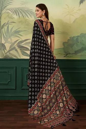 black color digital print with mirror work silk blend saree with blouse