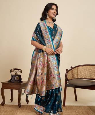 Teal blue color embroidery with  zari work sartin silk saree with blouse 1