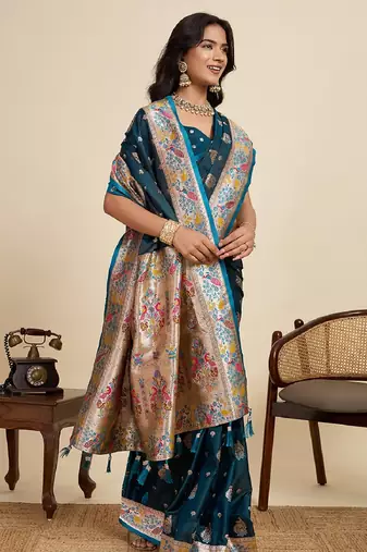 teal blue color embroidery with  zari work satin saree with blouse