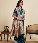 Teal blue color embroidery with  zari work sartin silk saree with blouse