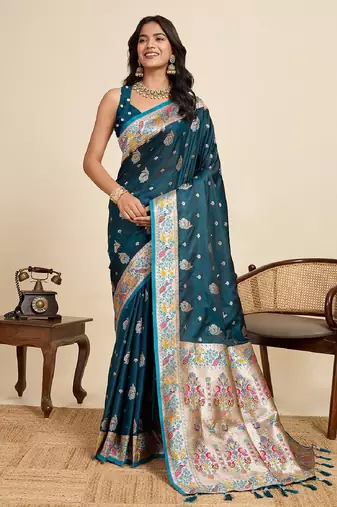 teal blue color embroidery with  zari work satin saree with blouse