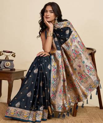 Black color embroidery with  zari work sartin silk saree with blouse 1