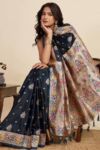 black color embroidery with  zari work satin saree with blouse