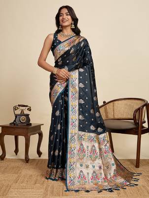 Black color embroidery with  zari work sartin silk saree with blouse 2