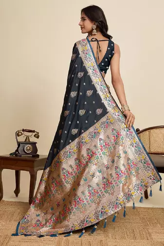 black color embroidery with  zari work satin saree with blouse