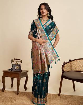 Dark green color embroidery with  zari work sartin silk saree with blouse 1