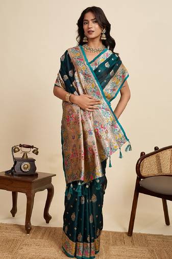 dark green color embroidery with  zari work satin saree with blouse