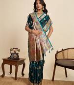 Dark green color embroidery with  zari work sartin silk saree with blouse