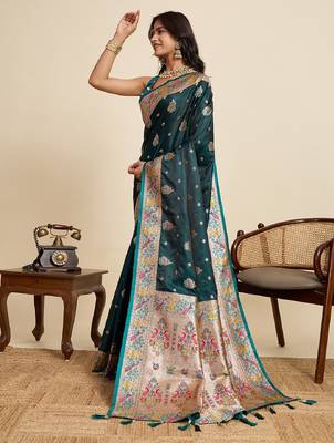 Dark green color embroidery with  zari work sartin silk saree with blouse 3
