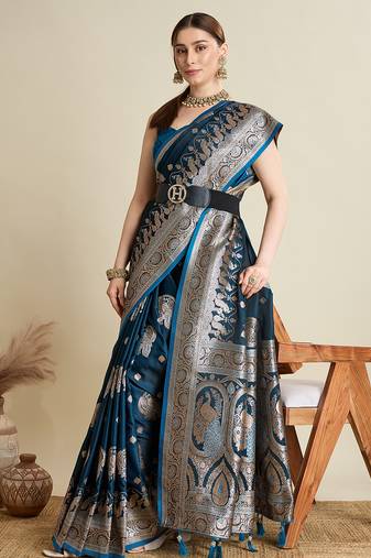 blue color embroidery with  zari work satin saree with blouse