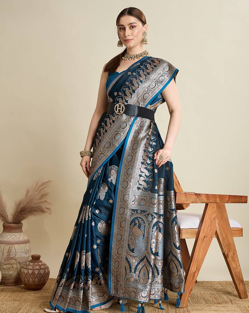 Blue color embroidery with  zari work sartin silk saree with blouse