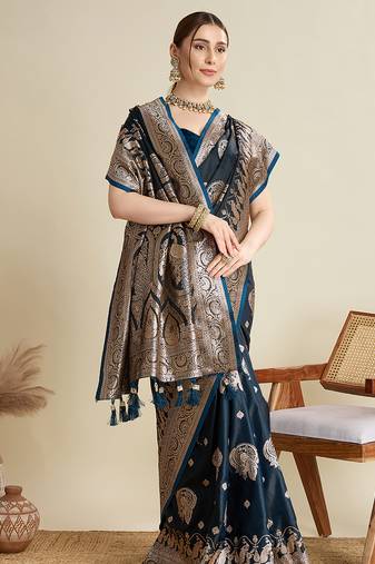 teal blue color embroidery with  zari work satin saree with blouse