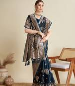 Teal blue color embroidery with  zari work sartin silk saree with blouse