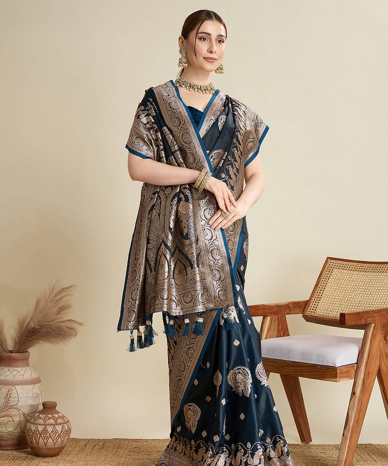 Teal blue color embroidery with  zari work sartin silk saree with blouse