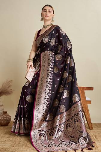 wine color embroidery with  zari work satin saree with blouse