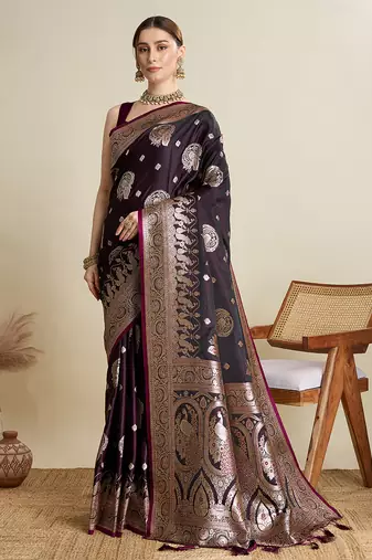 wine color embroidery with  zari work satin saree with blouse