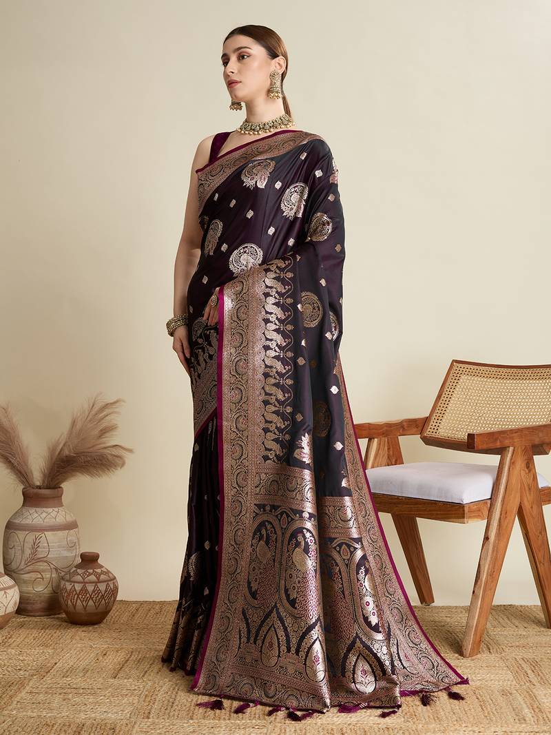 wine color embroidery with  zari work satin saree with blouse