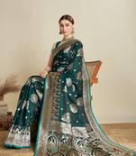 Dark green color embroidery with  zari work sartin silk saree with blouse