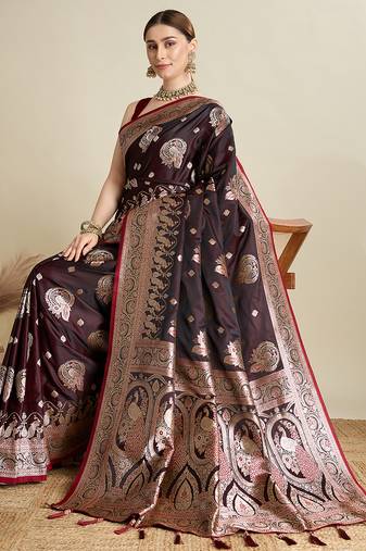 maroon color embroidery with  zari work satin saree with blouse