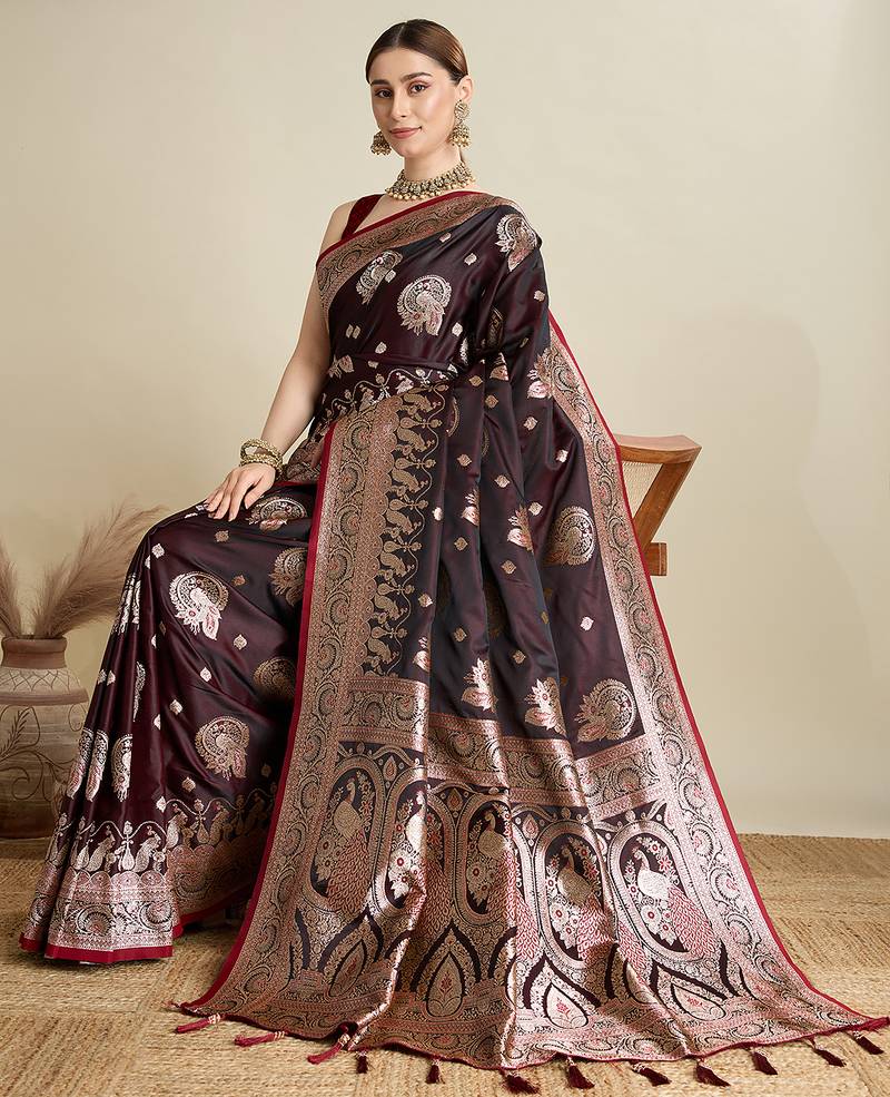 Maroon color embroidery with  zari work sartin silk saree with blouse
