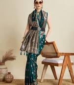 Dark green color embroidery with  zari work sartin silk saree with blouse