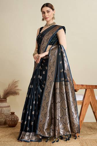 black color embroidery with  zari work satin saree with blouse
