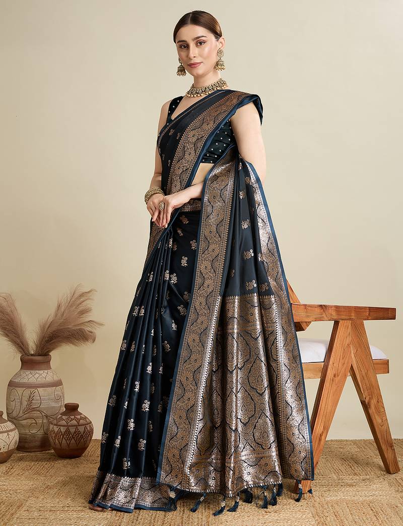 Black color embroidery with  zari work sartin silk saree with blouse