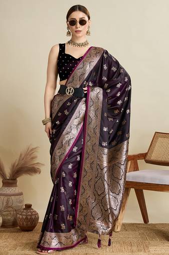 wine color embroidery with  zari work satin saree with blouse