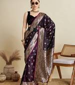 wine color embroidery with  zari work satin saree with blouse