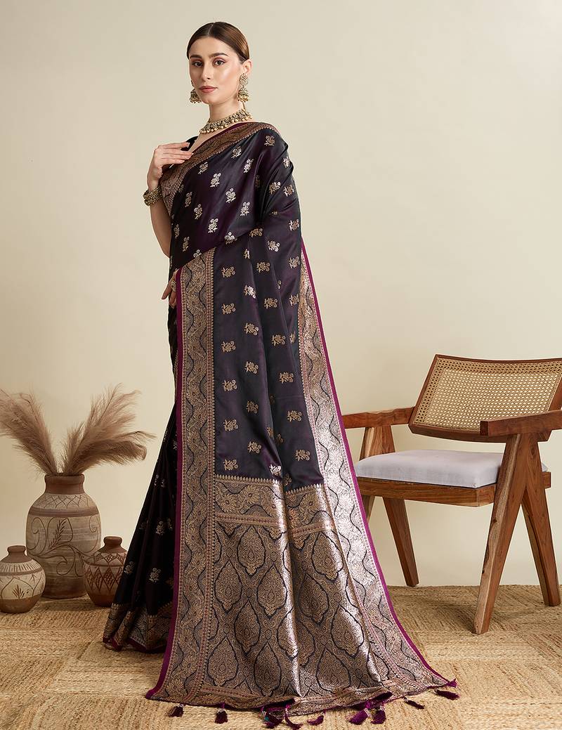 wine color embroidery with  zari work satin saree with blouse