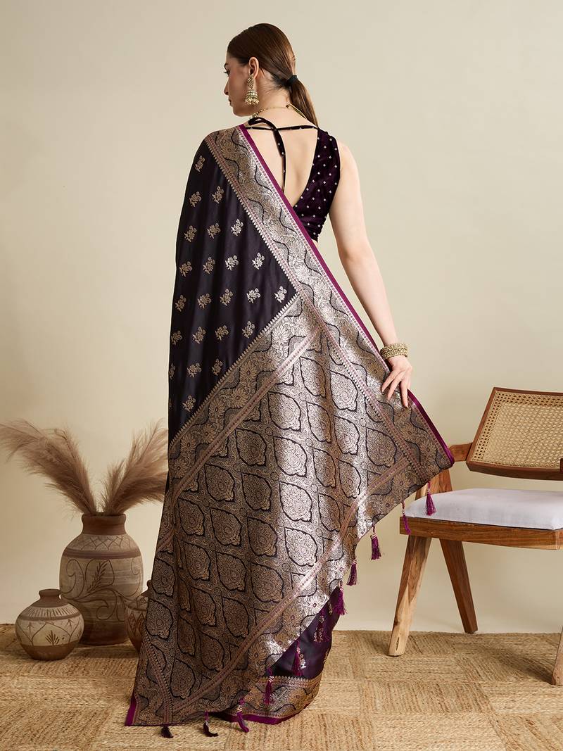 wine color embroidery with  zari work satin saree with blouse