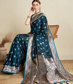 teal blue color embroidery with  zari work satin saree with blouse