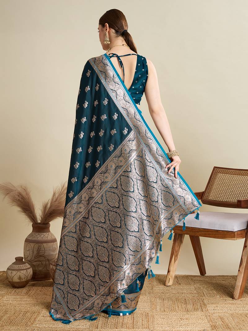 teal blue color embroidery with  zari work satin saree with blouse