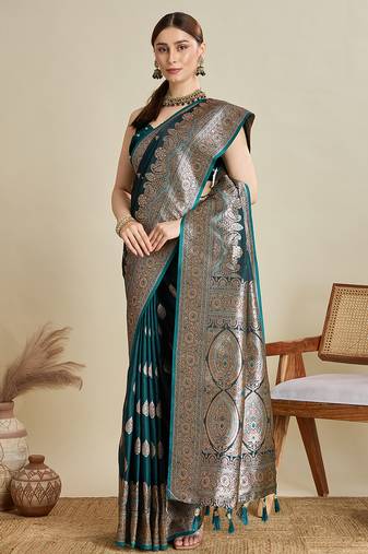 dark green color embroidery with  zari work satin saree with blouse