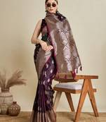 wine color embroidery with  zari work satin saree with blouse