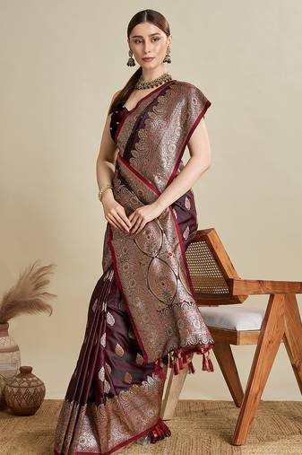 maroon color embroidery with  zari work satin saree with blouse