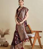 maroon color embroidery with  zari work satin saree with blouse