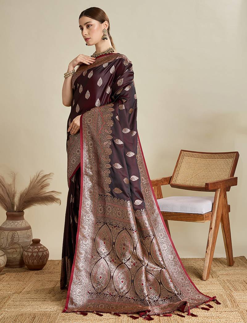 maroon color embroidery with  zari work satin saree with blouse