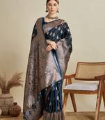 teal blue color embroidery with  zari work satin saree with blouse